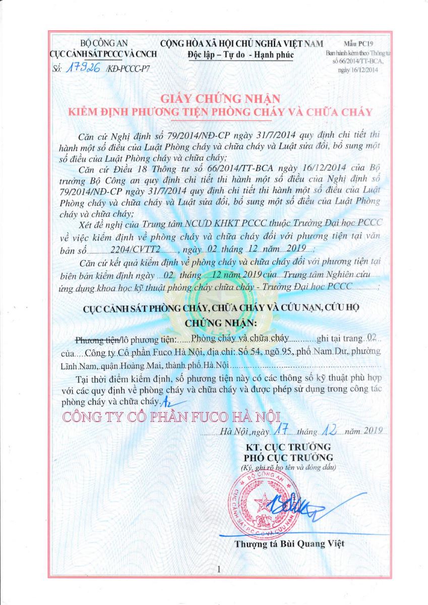 chứng chỉ chống cháy cửa cuốn Fuco