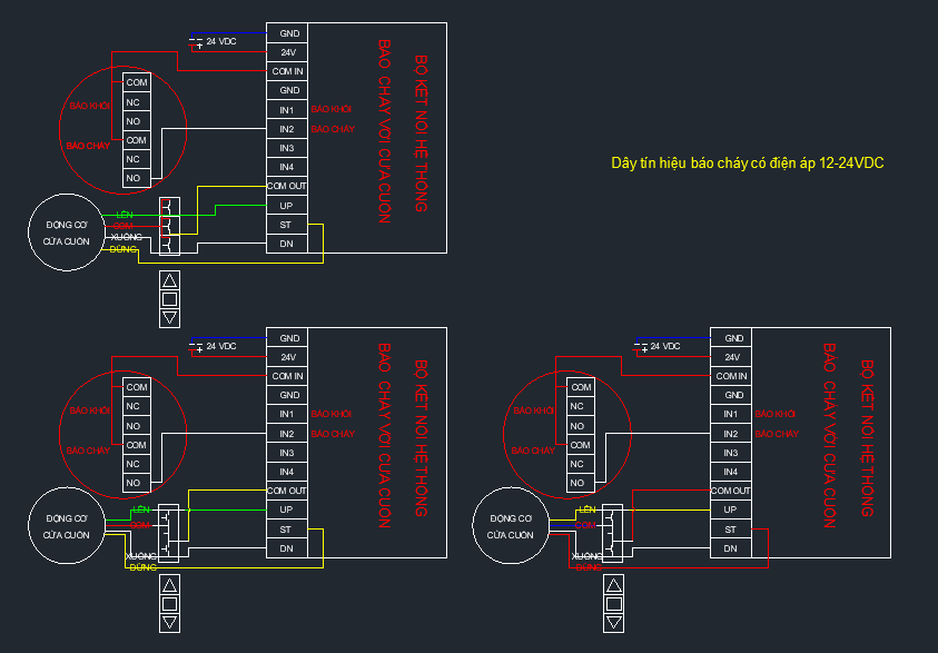 •	Trường  hợp hệ thống báo cháy có 2 sợi dây (tiếp điểm có điện áp 12-24VDC)