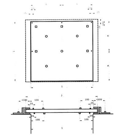 Hình 19 - Ví dụ về vị trí các đầu đo nhiệt độ gia tăng lớn nhất trên bề mặt không tiếp xúc với lửa của cửa trượt một cánh